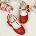 Elegant red Mary Jane girl's shoes with white pearl strap and decorative side bow - EU 26 / Red