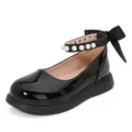 Glossy black patent leather Mary Jane shoes for girls with pearls and satin bow detail - 35 / Black