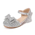 Girls sparkling silver princess shoes with sequin bow and transparent crystal heels - EU 37 / Silver