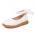 White patent leather Mary Jane shoes for girls with pearl strap and satin bow detail - 26 / White