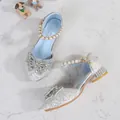Silver sequin girls princess shoes with rhinestone bow and pearl ankle strap - EU 38 / Silver