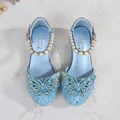 Sparkly light blue girls princess shoes with sequins, pearl straps and rhinestone butterfly - EU 38 / Blue