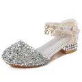 Elegant girls' silver glitter dress shoes with star charms and rhinestone heels - EU 25