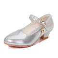 Silver metallic girls' Mary Jane shoes with moon charm and low block heel - 25 / Silver