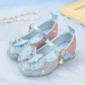 Sparkly blue-pink gradient girls' Mary Jane shoes with crystal heels and bow details - EU 34 / Blue