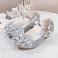 Sparkly silver Mary Jane shoes for girls featuring a large sequin bow and pearl pendant - EU 26 / Silver