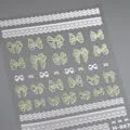 3D matte green and white bow lace nail art sticker M-867 with glitter effect - M-867 Laser Light Green Holographic Bow Lace
