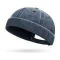 Adjustable dark grey washed denim docker hat with vintage brimless design and six panels - One Size Adjustable / Navy Blue