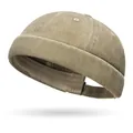 Men's khaki washed cotton docker cap with rolled cuff and adjustable strap - One Size Adjustable / Beige