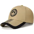 Outdoor two-tone khaki baseball cap with mountain embroidery and black brim trim - One Size Adjustable / Khaki