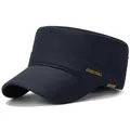 Classic dark blue cadet cap with flat top and gold brand plaque for outdoor wear - One Size Adjustable / Navy Blue