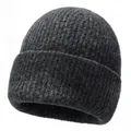 Solid charcoal grey ribbed knit beanie hat with wide cuff for winter warmth and comfort - Hat / Dark Gray