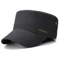 Classic deep black flat top army cap in high-density cotton with gold metal logo - One Size Adjustable / Dark Gray