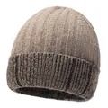 Winter knitted beanie hat in two-tone brown ribbed knit with a stylish folded cuff - One Size / Cuffed Knit Hat (6086821518189) / Khaki