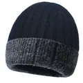 Winter two-tone knitted beanie in navy and charcoal grey ribbed wool for warmth - One Size / Color Block Cuffed Knit Hat (6086821518190) / Navy Blue