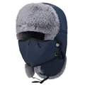 Colbacco invernale con fodera in ecopelliccia grigia e maschera antivento blu navy - Taglia Unica Regolabile / Blu Notte