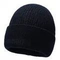 Deep blue ribbed knit beanie hat with turn-up cuff design for men and women - Hat / Navy Blue