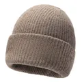 Solid brown ribbed knit beanie with fold-over cuff for winter warmth and protection - Hat / Khaki