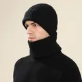 Black knitted beanie hat and neck warmer set for men in thick ribbed winter fabric - Hat And Neck Warmer / Black