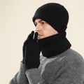 Three-piece black winter set with knitted beanie hat, neck warmer scarf, and warm gloves - Beanie And Neck Warmer And Gloves / Black