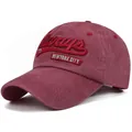 Vintage washed cotton baseball cap in burgundy with 3D embroidery and New York City patch - One Size Adjustable / Burgundy