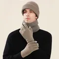 Winter 3-piece set with knitted hat, neck gaiter, and touch-screen gloves in khaki - Beanie And Neck Warmer And Gloves / Khaki