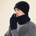 Winter thermal set featuring a dark blue knitted beanie, scarf, and gloves for men - Beanie And Neck Warmer And Gloves / Navy Blue