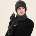 3-piece winter set with dark grey knit hat, thick neck warmer and touchscreen gloves - Beanie And Neck Warmer And Gloves / Dark Gray