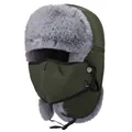Colbacco verde scuro con fodera in ecopelliccia grigia e maschera facciale rimovibile - Taglia Unica Regolabile / Verde Militare