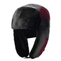 Winter faux leather trapper hat with black fur lining and ear flaps for cold weather - Red
