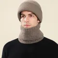 Winter knitted beanie and scarf set in coffee brown for men with thick vertical ribbing texture - Hat And Neck Warmer / Khaki