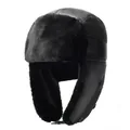 Winter black PU leather ushanka hat with thick faux fur lining and ear flaps - Black