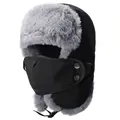 Winter bomber hat in black waterproof fabric with grey faux fur and face mask - One Size Adjustable / Black