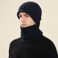 Winter knitted beanie and neck warmer set in navy blue ribbed fabric for men - Hat And Neck Warmer / Navy Blue