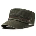 Vintage washed cotton flat top army cap for men with brown decorative band and metal button - Adjustable / Army Green