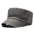 Men's washed cotton flat top army cap in dark grey with vintage metal buckle detail - Adjustable / Gray