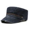Navy blue washed cotton flat top military cap with vintage metal buckle and leather strap - Adjustable / Navy Blue