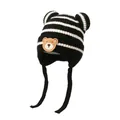 Striped knit baby hat with bear patch and cute ears on white background - One Size / Black