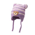 Striped knit baby hat with bear ears and earflaps in purple and cream white stripes - One Size / Purple