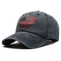 Dark gray washed cotton baseball cap with USA flag embroidery and vintage distressed finish - Adjustable / Navy Blue