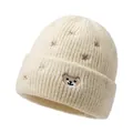 Cream knit beanie for kids with cute bear embroidery and stars, cozy ribbed design - One Size / Off White