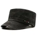 Classic washed black cotton cadet cap for men with retro distressed finish and side rivet detail - Adjustable / Black