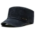 Navy blue washed canvas military flat top cap with metal studs and brand plaque detail - Adjustable / Navy Blue