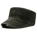 Men's washed charcoal gray cotton flat top military cap with side metal brand plate - Adjustable / Army Green