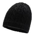 Black cable knit beanie hat with thermal fleece lining and ribbed cuff for winter warmth - One Size / Black