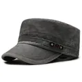 Men's washed cotton flat top military cadet cap in charcoal grey with metal rivet detail - Adjustable / Gray