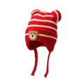 Infant striped knit hat in red and white with cartoon bear ears and chin straps - One Size / Burgundy