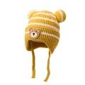 Infant striped knit hat with bear ears and chin straps in yellow and white colorway - One Size / Yellow
