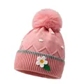 Cappello bimbo in maglia rosa con grande pompon, pois bianchi e piccola applique a margherita - Taglia unica / Rosa