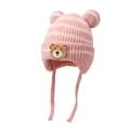 Pink and white striped baby knit hat with bear ears and chin straps for winter warmth - One Size / Pink